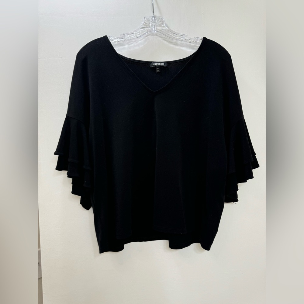 Express Black V-Neck Ruffle Sleeve Top - Picture 3 of 3
